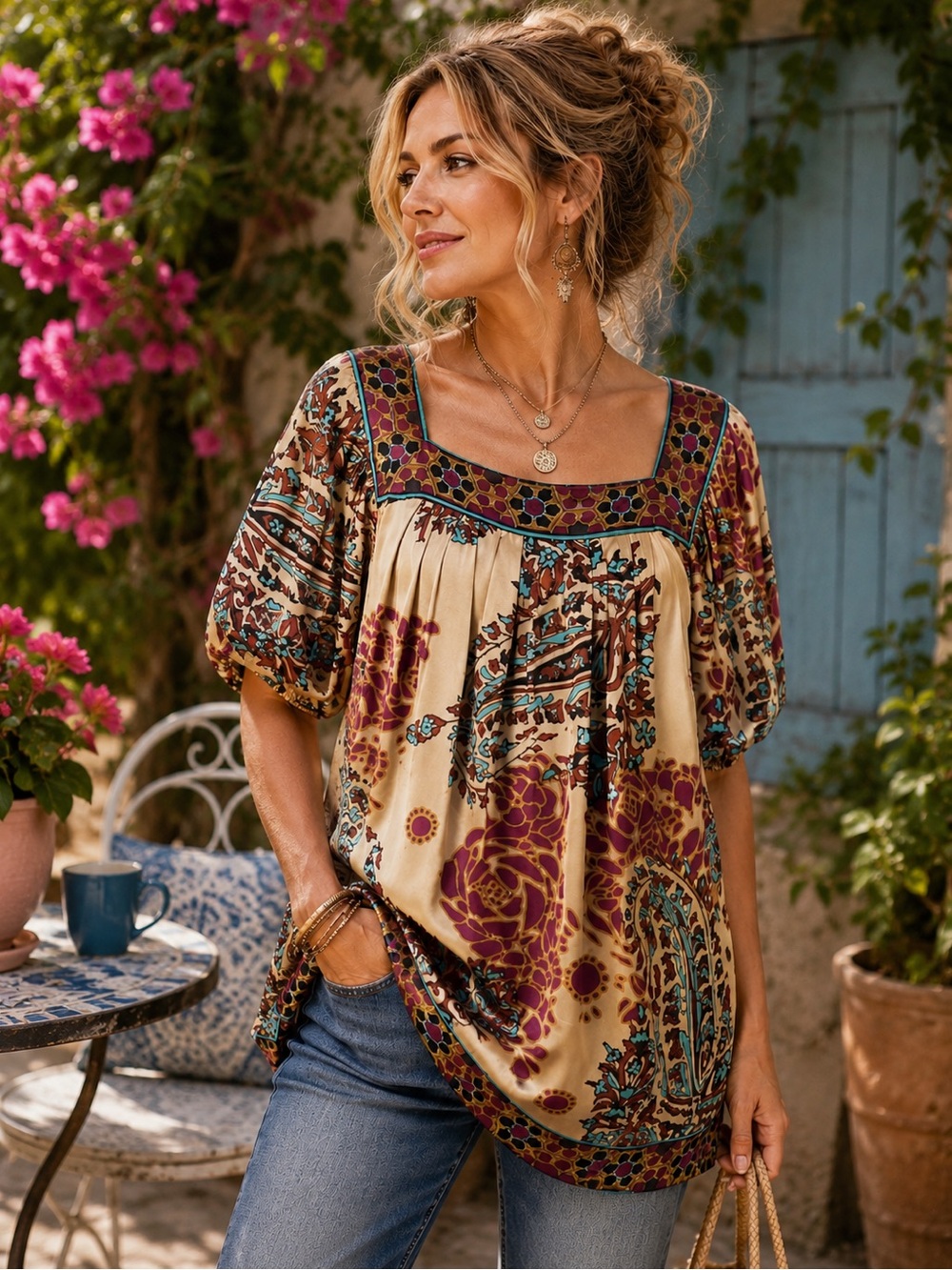 Nicole Miller Boho Paisley Satin Tunic Top Beige Floral Blouse Size 12